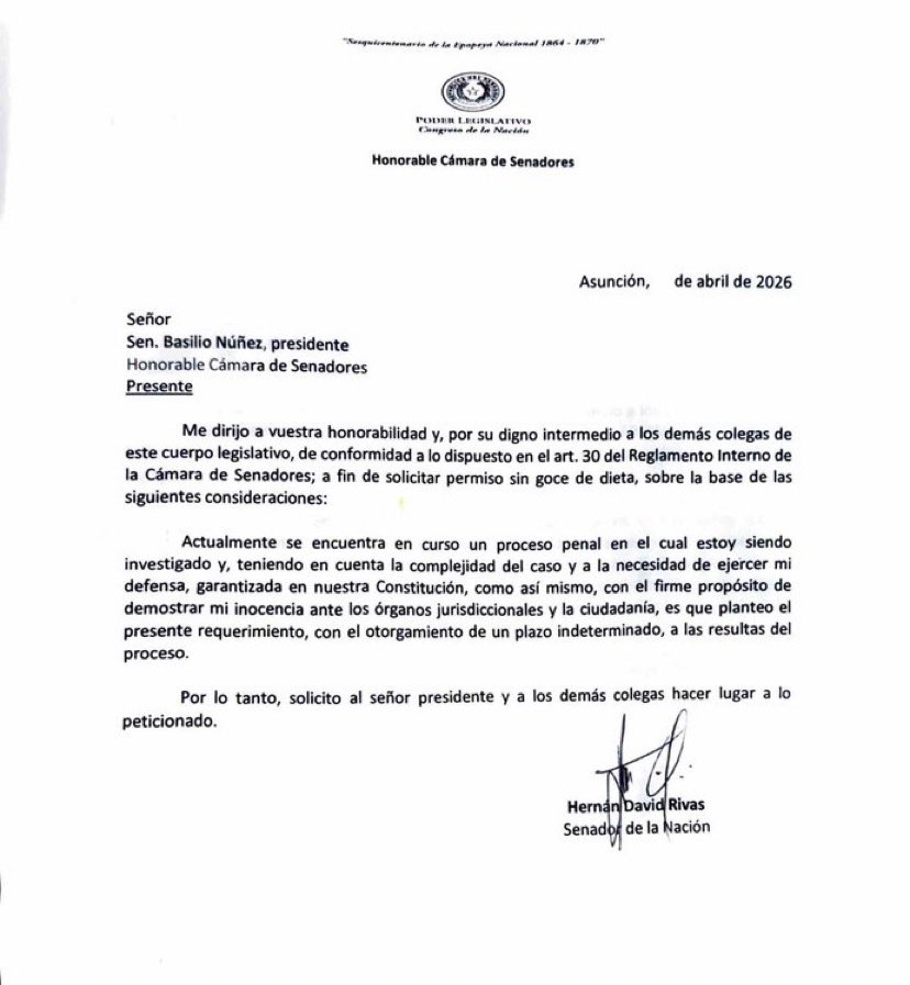 desimasi2's tweet photo. Pedido de permiso indefinido - no existe en la CN - del Doctor (?) Hernan Rivas. Calcado a Erico Galeano. 
Tan indefinido es su permiso que no pusieron  ni fecha. PD: El cartismo no se cansa de violar y violar la Constitución. 
No voten más delincuentes 🫵🏻 por fa. https://t.co/MOW4dtz2SN