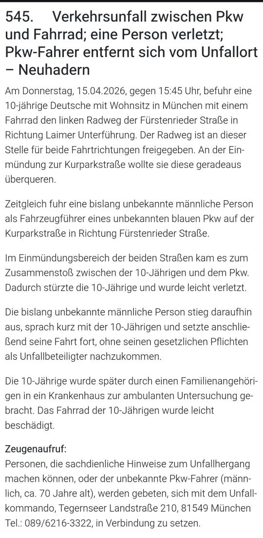 #Muenchen 10 j. #Radfahrerin wird abgefahren #Laimer Unterführung, #Autofahrer flüchtet - #Fahrerflucht
Vielleicht hat ja jemand etwas gesehen!
#mobilisierteGewalt