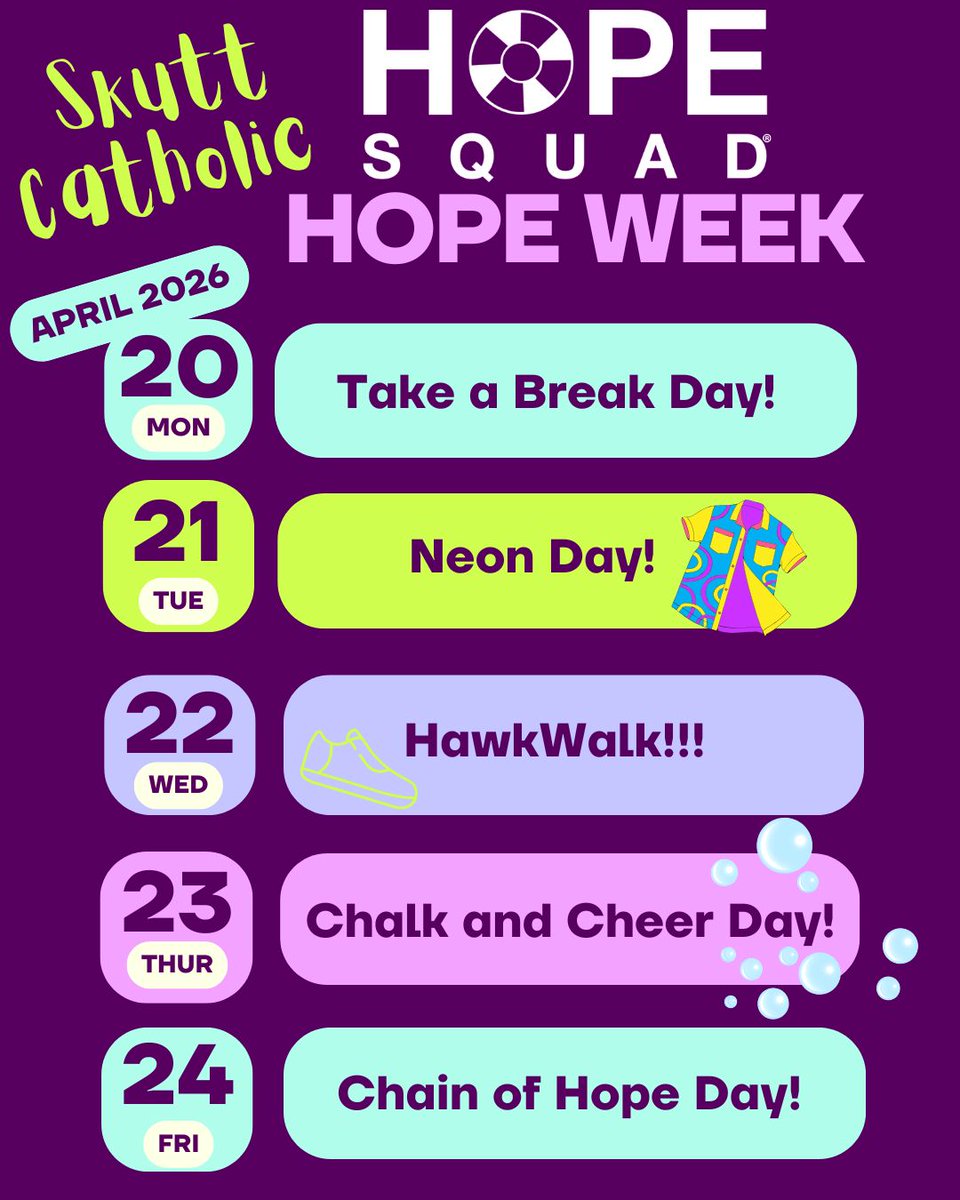 SkuttCatholic's tweet photo. 💙 The Skutt Catholic Hope Squad is excited to announce Hope Week — April 20–24! Each day is designed to remind you that you are seen, you matter, and we are better together. We can't wait to celebrate this week with you, SkyHawks! 💜 #HopeWeek #HopeSquad https://t.co/1rZ2qrpdtZ