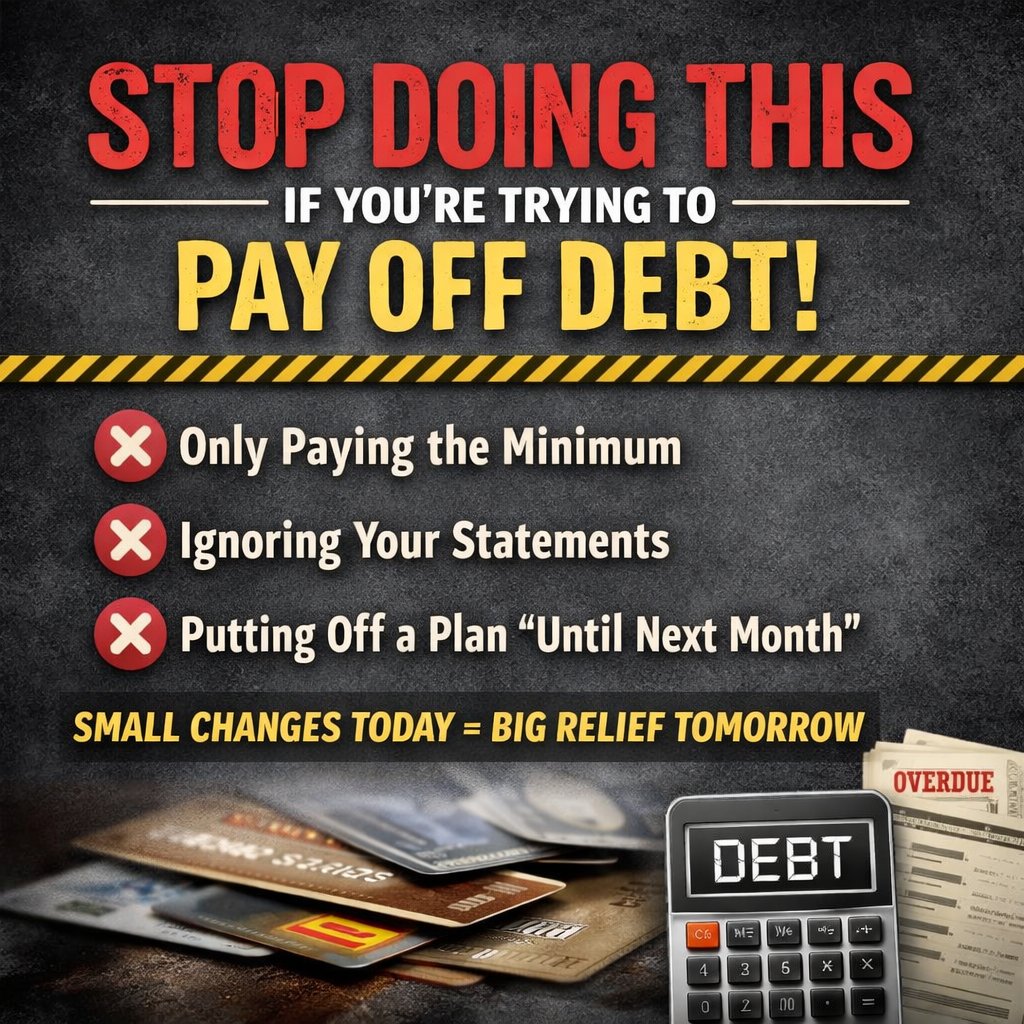 🛑Stop doing this if you’re trying to pay off debt!
🔵Only paying the minimum.
🔵Ignoring your statements.
🔵Putting off a plan “until next month.”
Small changes today = BIG relief later. Give us a call at 866-699-2227!
#DebtFreeJourney #FinancialWellness #MoneyMindset #WeGetDebt