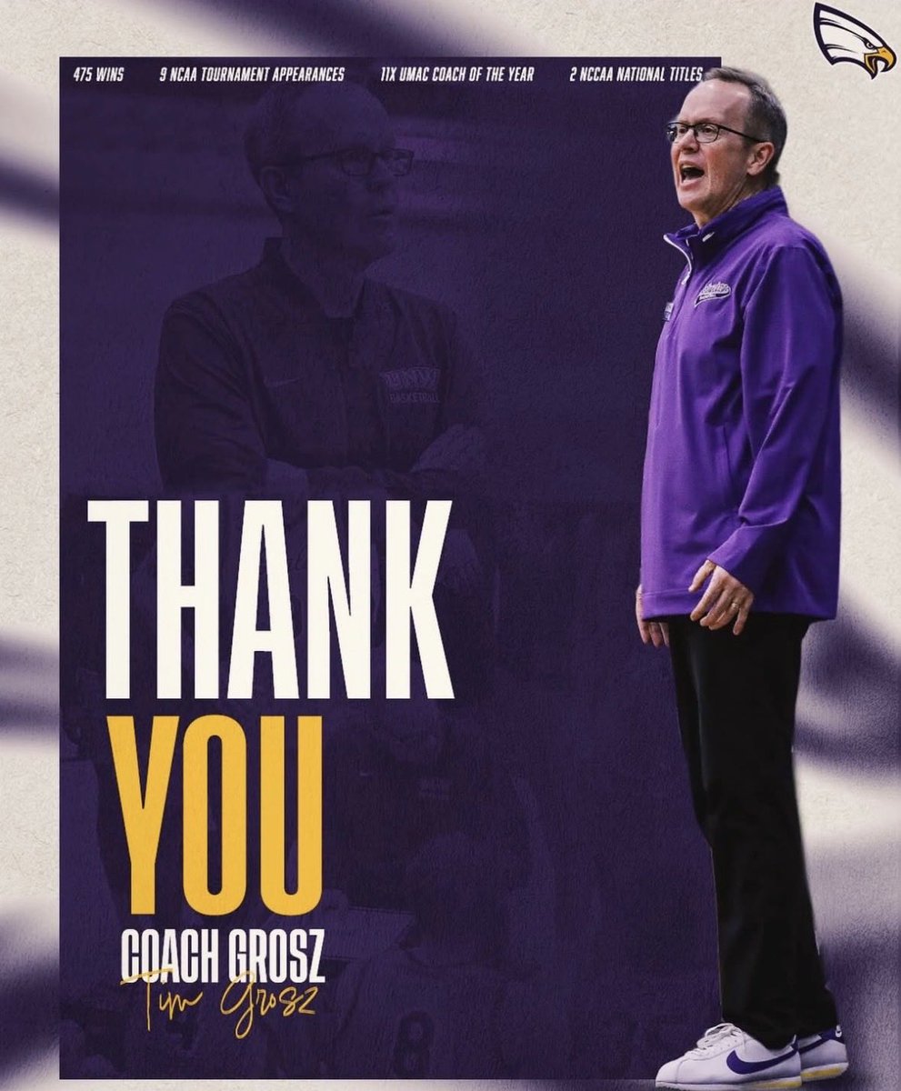 UNW_AD's tweet photo. Unbelievable run for an outstanding coach. Sad for UNW but happy for Coach Grosz. Grateful we got to spend 26 years together in college sports and even more as friends. https://t.co/QUvqn2G3eq
