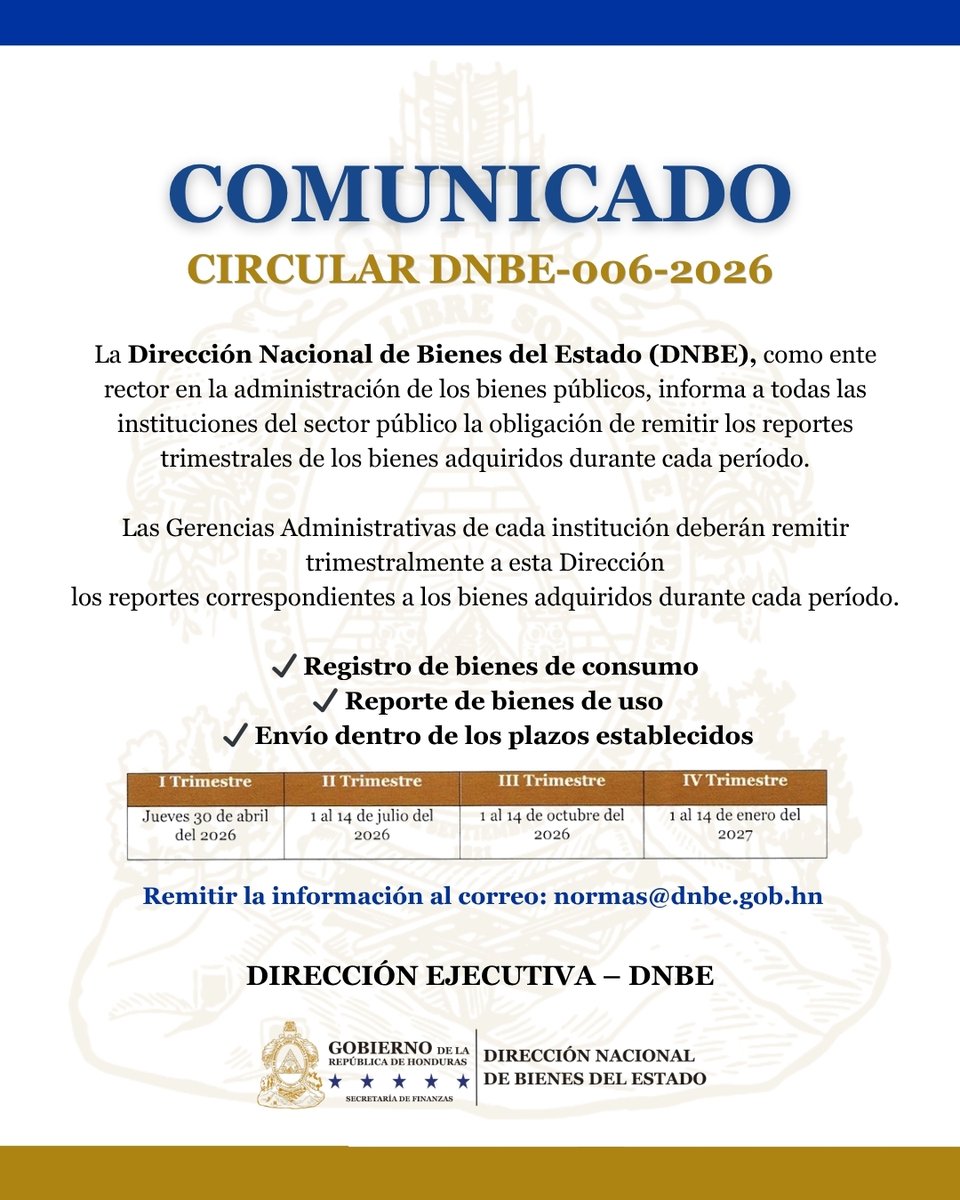 dnbehn's tweet photo. En seguimiento a la Circular DNBE-006-2026, se recuerda a las instituciones públicas cumplir con la entrega de reportes trimestrales de bienes.

Enviar la información a: normas@dnbe.gob.hn
📅 30 abril | 1–14 julio | 1–14 octubre | 1–14 enero
🌐 https://t.co/7ilSad8DDF https://t.co/aEn2HiM9dY