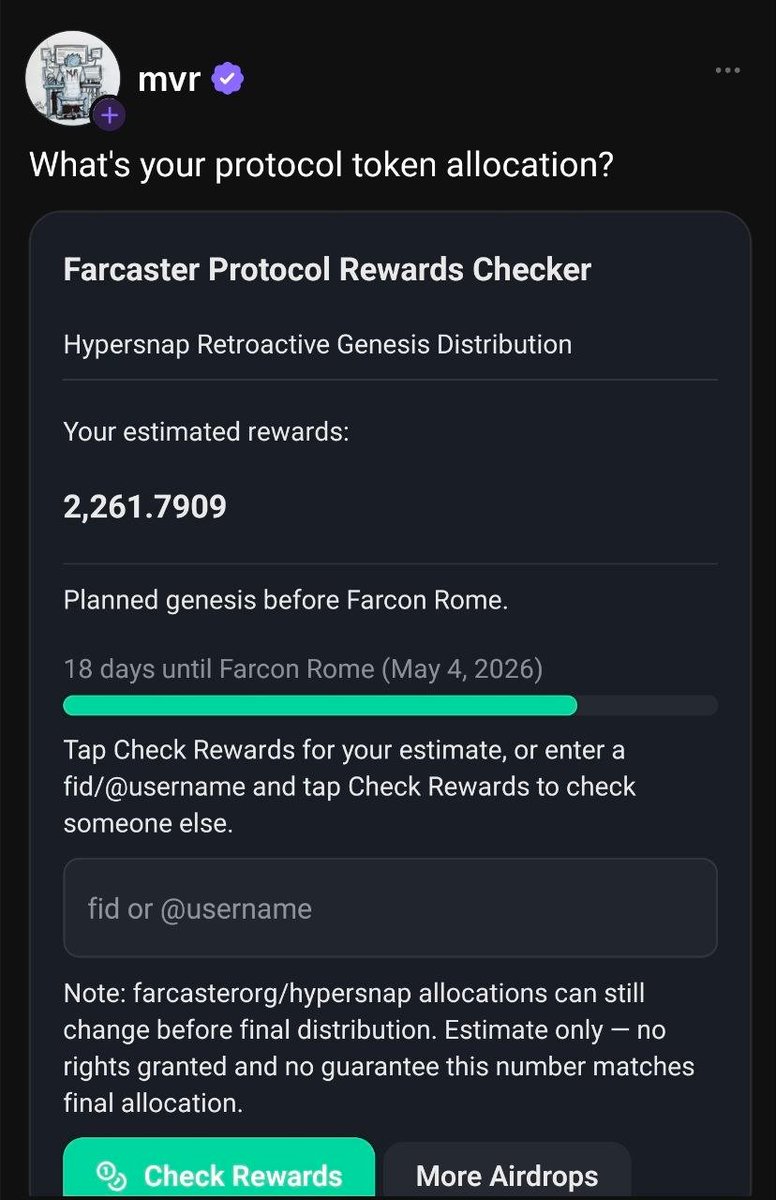 coinkritik's tweet image. #Farcaster Hypersnap #Airdrop miktarım biraz artmış siz de kontrol edin. Mobil'den bakarsınız. Kaçtı kaç oldu yazarsanız kıyaslama imkanı olur👇
farcaster.xyz/mvr/0xc4eaa437