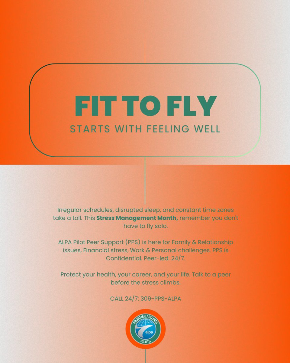 F9ALPA's tweet photo. Stress Management Month, your MEC is checking in. Between the long hours and the constant transitions, your health is your most important equipment.

Take advantage of your union resources to stay flight-ready:

✅ PPS: 100% confidential support from fellow pilots who get it. https://t.co/h1IyNf27yc