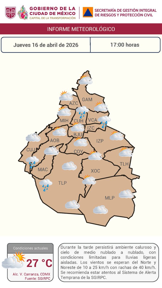 SGIRPC_CDMX's tweet image. Durante la tarde persistirá ambiente #caluroso y cielo de medio #nublado a nublado, con condiciones limitadas para #lluvias ligeras aisladas.

🌡️#Temperatura actual: 27 °C.

Mantente informado.

#PronósticoDelTiempo #LaPrevenciónEsNuestraFuerza