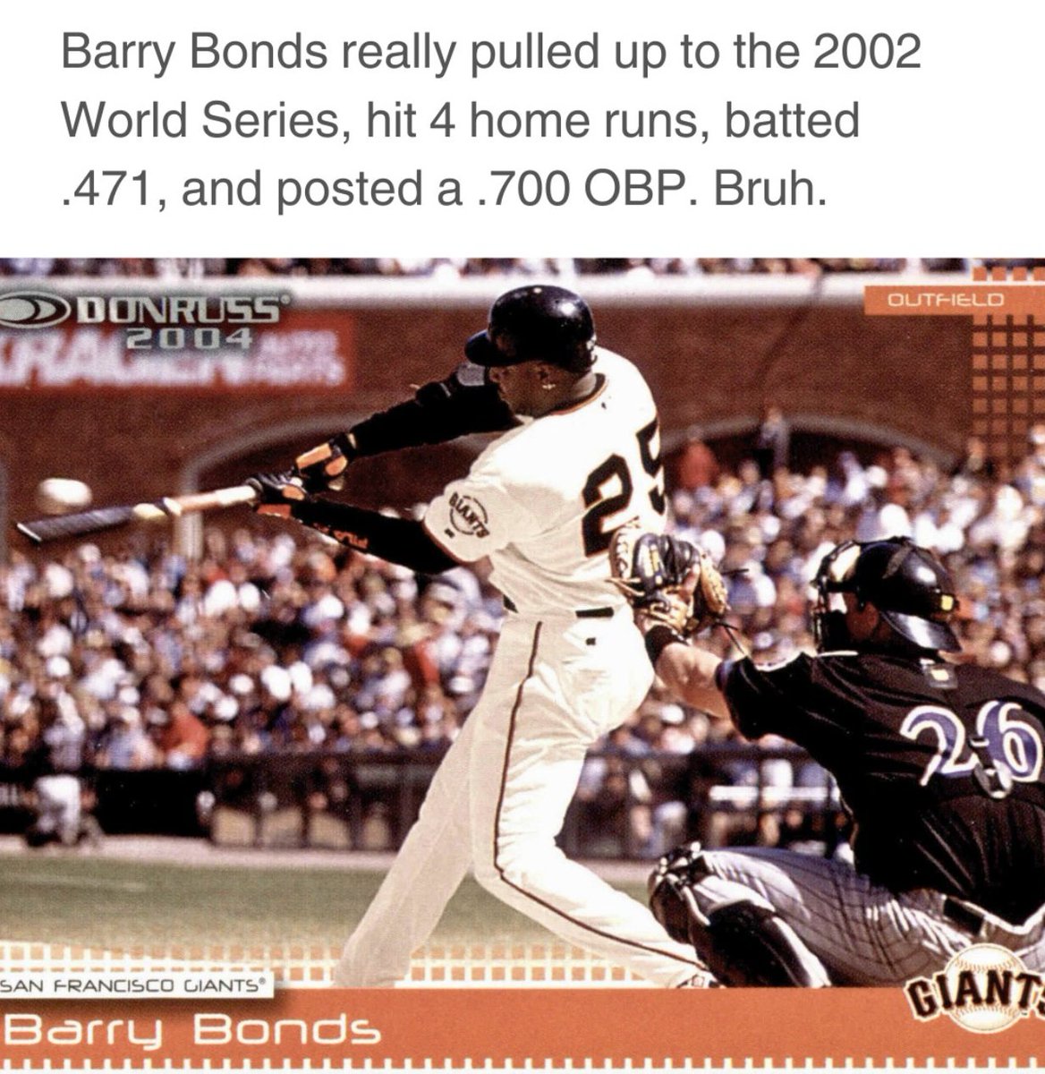 BBGreatMoments's tweet image. Barry Bonds in the 2002 World Series was absolutely ridiculous.

In 7 games against the Angels, he put up:
.471 AVG
.700 OBP
1.294 SLG
1.994 OPS
4 HR
13 BB

That’s not a typo.....a .700 on-base percentage in the World Series.
