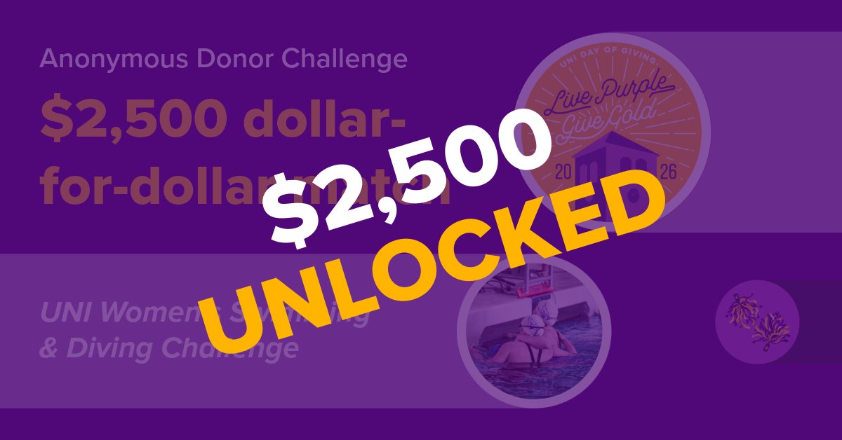uniswimdive's tweet photo. Guess what, Panther Nation?  You just unlocked an extra $2,500 for UNI Swim &amp; Dive!

This is why Live Purple Give Gold matters.

There's still time to donate! ⬇️
https://t.co/XXhWr1asBr

#EverLoyal | #LegacyEra https://t.co/hbXI29kqex