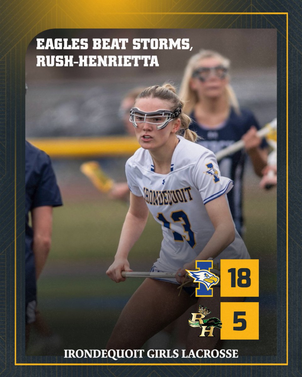 WIEagles's tweet photo. Sophomore Lucy Whipple had 6 goals and 1 assist and senior Grace Bottiglier connected 5 times with 2 helpers, as Irondequoit girls lacrosse remained unbeaten with an 18-5 win over visiting Rush-Henrietta. The game actually started on Wednesday night but was halted by lightning. https://t.co/4WrEMKPzsY