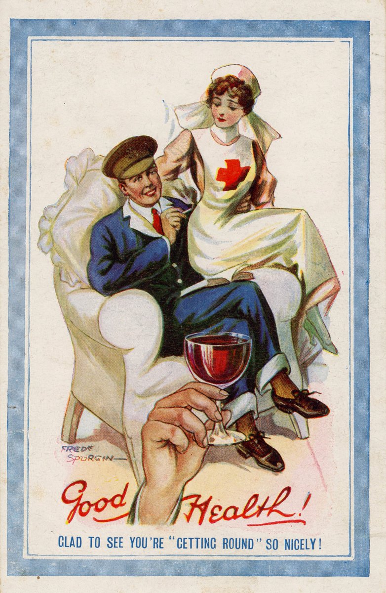 CanMilPostcards's tweet photo. Unused WWI postcard showing a recuperating soldier in his hospital 'blues' uniform accompanied by a pretty nurse. Art by Fred Spurgin, one of the top postcard artists of the day. #WWI #Comic #postcard https://t.co/zVRYWIhBGP