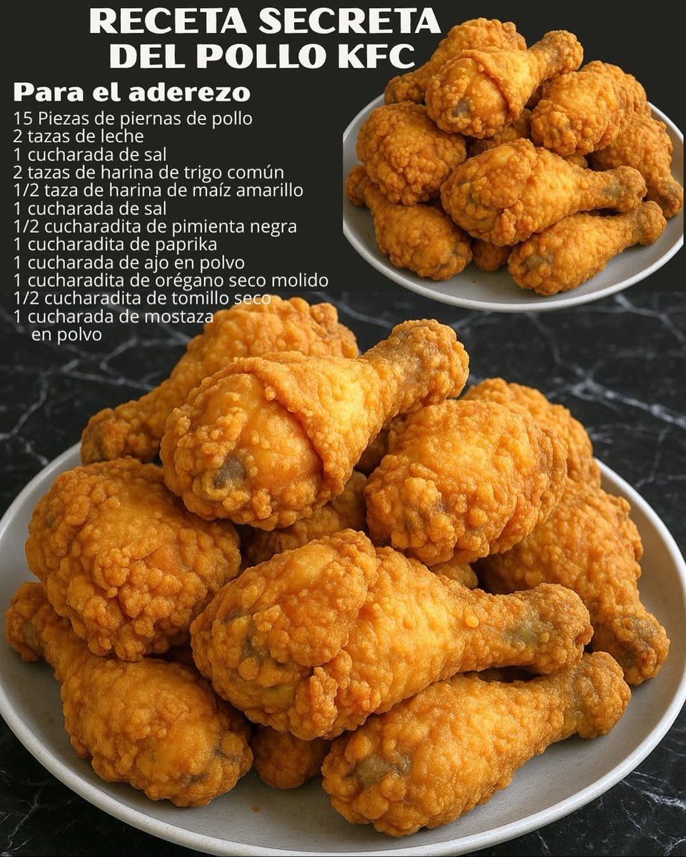 fogondpalo's tweet photo. ¡El pollo KFC en tu casa! 🍗🔥

Marina 15 piezas de pollo en 2 tazas de leche + 1 cdta sal (4 horas mínimo).

Mezcla: 2 tazas harina trigo + ½ taza harina maíz + sal, pimienta, paprika, ajo en polvo, orégano, tomillo y mostaza en polvo.

Reboza bien y fríe a 175°C por 12-15 min.

Crocante por fuera, jugoso por dentro. Mejor que el delivery 😍

#PolloKFC #RecetasCaseras