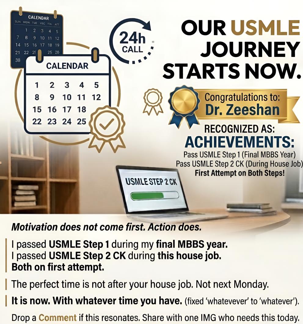Zeeshan_Ghani24's tweet image. Stopped waiting for the "perfect time" to study. 
✅ Step 1: Final Year MBBS
✅ Step 2 CK: During a brutal House Job at Services Hospital (24hr calls &amp;amp; ER)
Motivation follows action. Don't wait for your house job to end. Start now. 
#USMLE #IMG #Match2027 #MedTwitter #MedEd