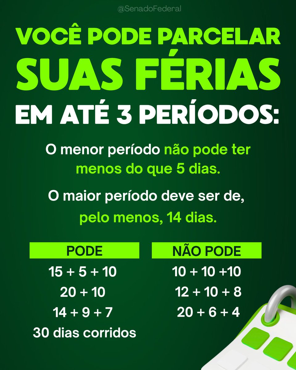 A regra mudou com a reforma trabalhista. A lei agora permite que as férias sejam parceladas em até três vezes. Acesse a Consolidação das Leis do Trabalho para saber mais sobre os seus direitos: bit.ly/CLT-1943