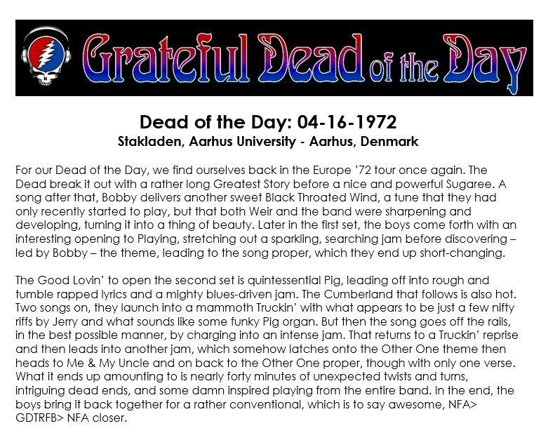 gdradio's tweet image. #UpNext on GDRADIO.NET
(at around 4:55pm eastern / 1:55pm pacific)
★ 1970-04-15 at Stakladen, Aarhus University in Aarhus, Denmark ★
#OTD #DeadOTD #DeadHeads #GratefulDead #gratefuldeadmusic
(content courtesy of gratefuldeadoftheday.com)