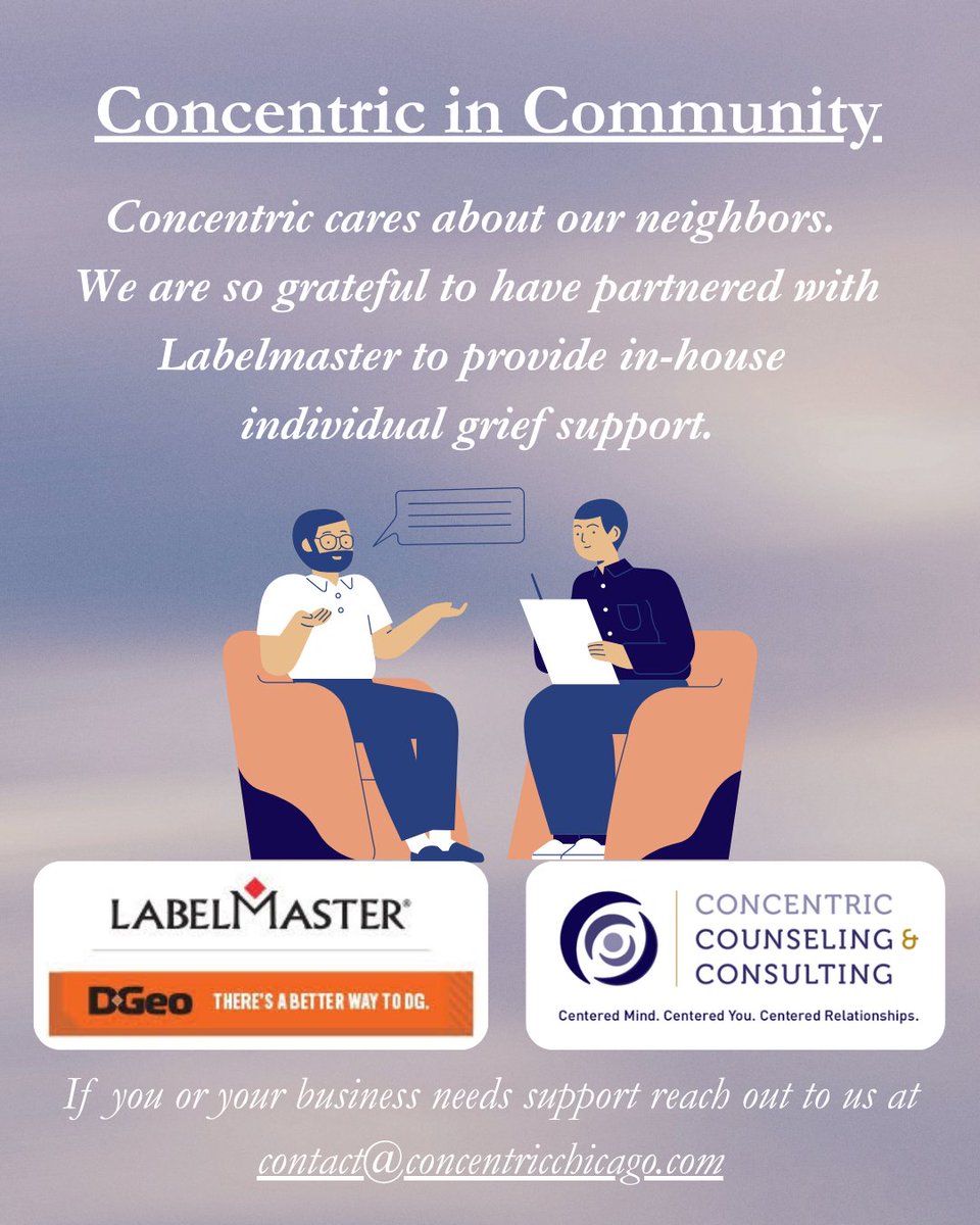 Larson_CCC's tweet photo. Concentric offers grief support and other types of counseling. Recently, we have partnered again with @Labelmaster to provide in-house grief support following the loss of a beloved employee. 
Beyond serving individuals locally and statewide, we aim to collaborate ... https://t.co/vvvB6s5e88