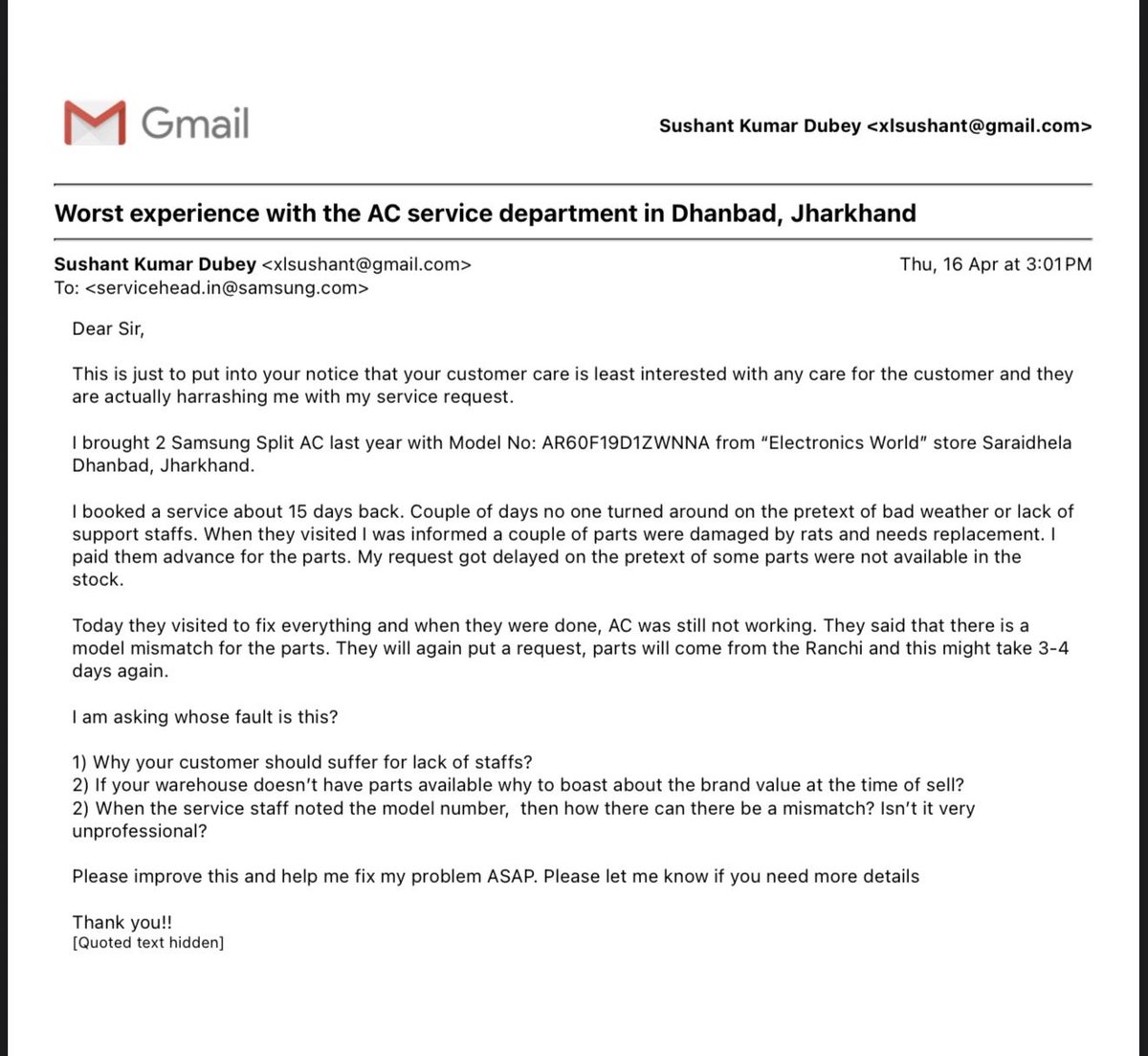 xlsushant's tweet photo. @Samsung @SamsungIndia 

Someone can please look into this? I am really disturbed with the kind of service Samsung giving for my AC. I wrote an email today which none responded yet. Attaching the email here. https://t.co/D4oM3IL5Wj