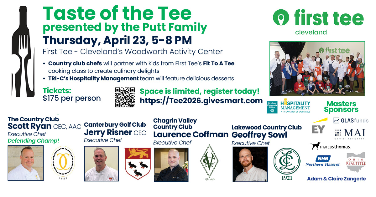FirstTeeCLE's tweet photo. Last call to register for Taste of the Tee presented by the Putt Family - April 23, 5-8 pm, Woodworth Activity Center! Four country club chefs will partner with participants of First Tee’s Fit To A Tee kids cooking class to create culinary delights. https://t.co/JlRKkTSRrJ https://t.co/rpawFZ1QmM