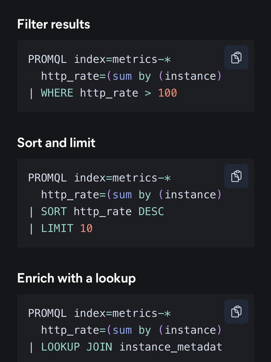 kimchy's tweet photo. Native promql support for metrics in Elasticsearch, fused right into our ES|QL so you can optionally fuse it. Pretty cool and tons of more metrics news (perf! Moar columnar!)  coming soon! https://t.co/S5vj15yoSl