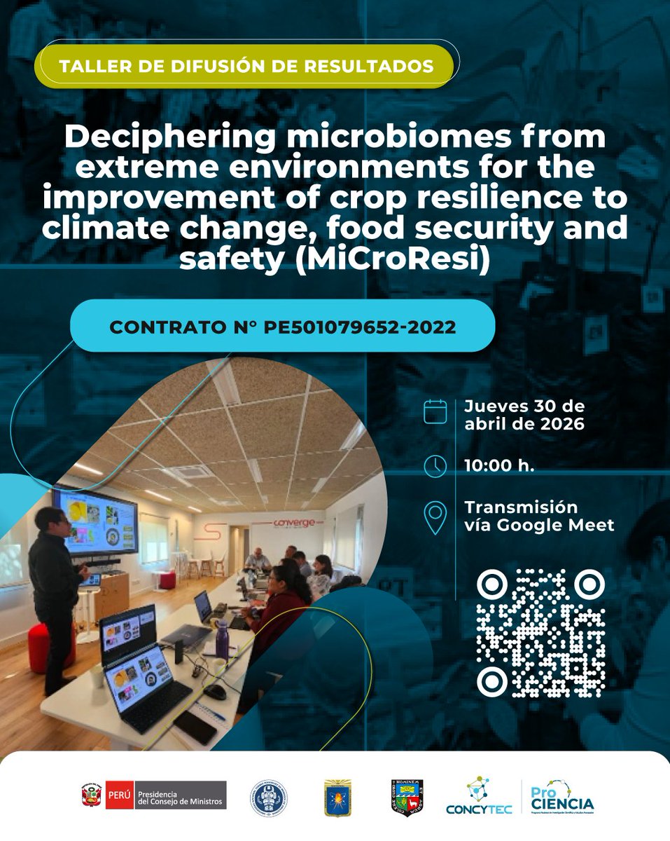 ProcienciaPeru's tweet photo. 🌱🔬 Taller de Difusión de Resultados | Proyecto MiCroResi
🗓 Fecha: Jueves 30 de abril de 2026
🕙 Hora: 10:00 a. m.
💻 Modalidad: Virtual
🔗 Enlace del evento: https://t.co/U6sEutv3cq
📝 Registro: https://t.co/epfe8IMwfl
#Prociencia #CienciaPeruana #Innovación https://t.co/49SEtiyeWn