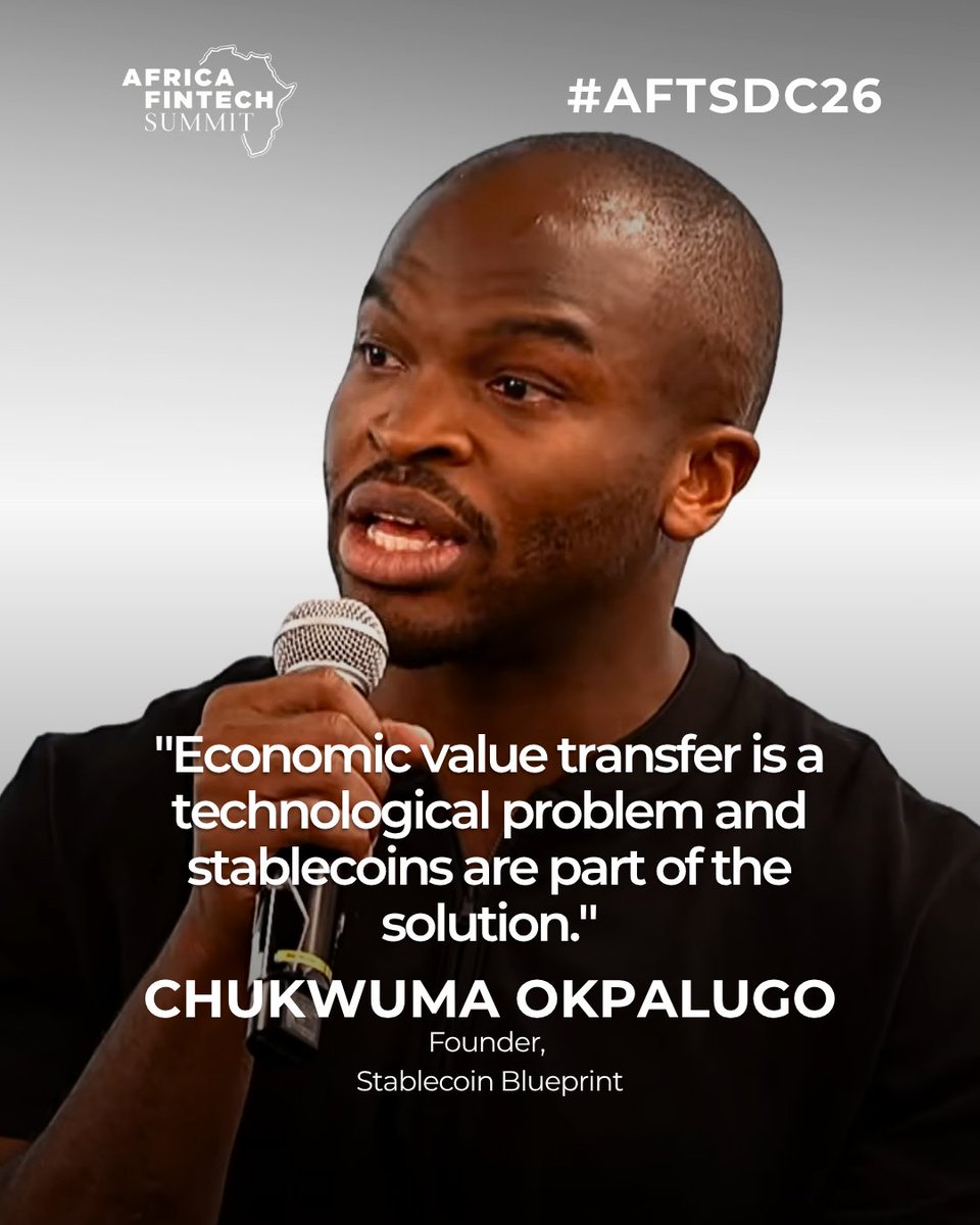 AfriFintech's tweet photo. Happening now at #AFTSDC26:

“Economic value transfer is a technological problem, and stablecoins are part of the solution.”

— Chukwuma Okpalugo (Founder, Stablecoin Blueprint)

As financial systems evolve, technology is redefining how value moves, unlocking new pathways for faster, more efficient cross-border transactions.

#AfricaFintech #FintechAfrica #Stablecoins #DigitalAssets