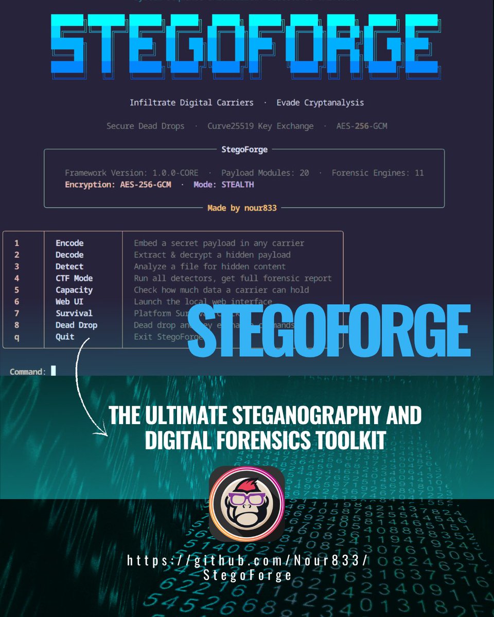 EsGeeks's tweet image. StegoForge 🧠🔍: El kit híbrido de esteganografía + forense con MLOculta datos en imágenes, audio, vídeo, docs y paquetes de red. Detecta con 11 motores avanzados (incluyendo CNNs). Ideal para CTFs y red teaming. Solo uso autorizado.
#steganography #forensics #cybersecurity #ctf