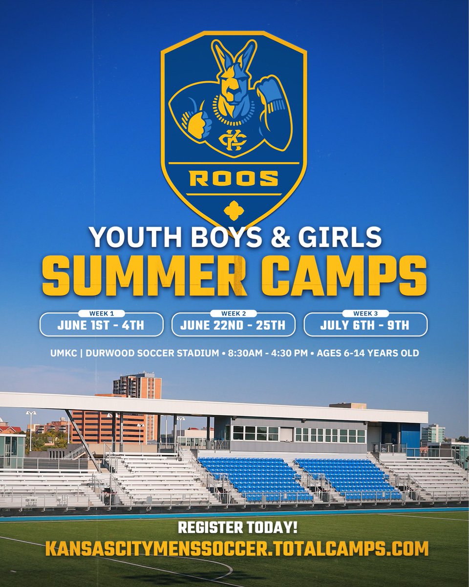 KCRoosMSoccer's tweet photo. 🚨Roos Summer Camps are under 2 months away!🚨
Join us this Summer at UMKC!

Camps includes:

⚽️ Soccer, 🍽️ Lunch, 🎥 Movies, & 🏊 🏊‍♀️ Swimming

📍UMKC • Durwood Soccer Stadium

👦 👧 Ages 6-14

𝗥𝗲𝗴𝗶𝘀𝘁𝗲𝗿 𝗵𝗲𝗿𝗲 𝗼𝗿 𝗹𝗶𝗻𝗸 𝗶𝗻 𝗯𝗶𝗼:
https://t.co/51c43qFZfm

#RooUp🤘
