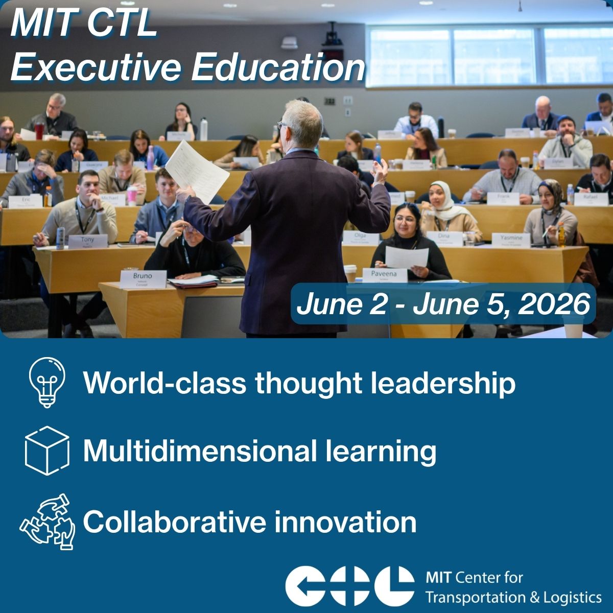 mitsupplychain's tweet photo. Join a global cohort of peers at MIT CTL's Executive Education to refine your strategy and lead your organization toward a more resilient future!🌐
📅 Dates: June 2–5, 2026 📍 Location: MIT Campus, Cambridge, MA🔗 Register here: https://t.co/ic2XvQKtx7
#supplychain #MIT #execed https://t.co/Fj32RgWhHP