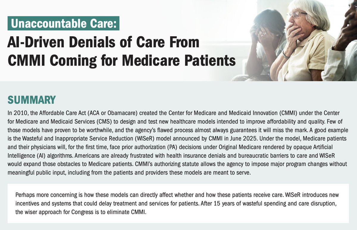 GovWaste's tweet photo. CCAGW’s case study of CMMI’s WiSER model, which uses opaque AI algorithms to decide which treatments can be authorized for Medicare patients even if a provider says they are medically necessary, is another example of why CMMI should be eliminated. https://t.co/JaZn7kHheA https://t.co/TNFnUaQqUF