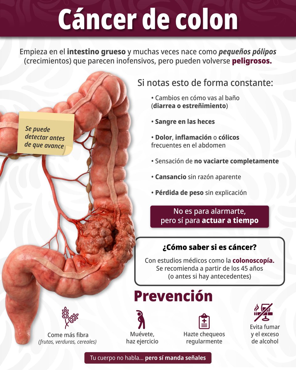 ISSSTE_mx's tweet photo. ¡Tu cuerpo sí habla… Solo que a veces no lo escuchas a tiempo! 🥲

🫤 El cáncer de colon suele avanzar en silencio, durante años incluso.  Si algo no se siente normal, si tu cuerpo cambia o si tienes esa espinita de que “algo no está bien”… Hazle caso. ✅

👉🏼 Ve, revísate, pregunta, insiste. Y si es necesario, busca una segunda opinión. 👩🏻‍⚕️👨🏻‍⚕️

💫 No es exagerar, es cuidarte. ¡Tú salud siempre debe ser prioridad! 🙌🏼 🫶🏻