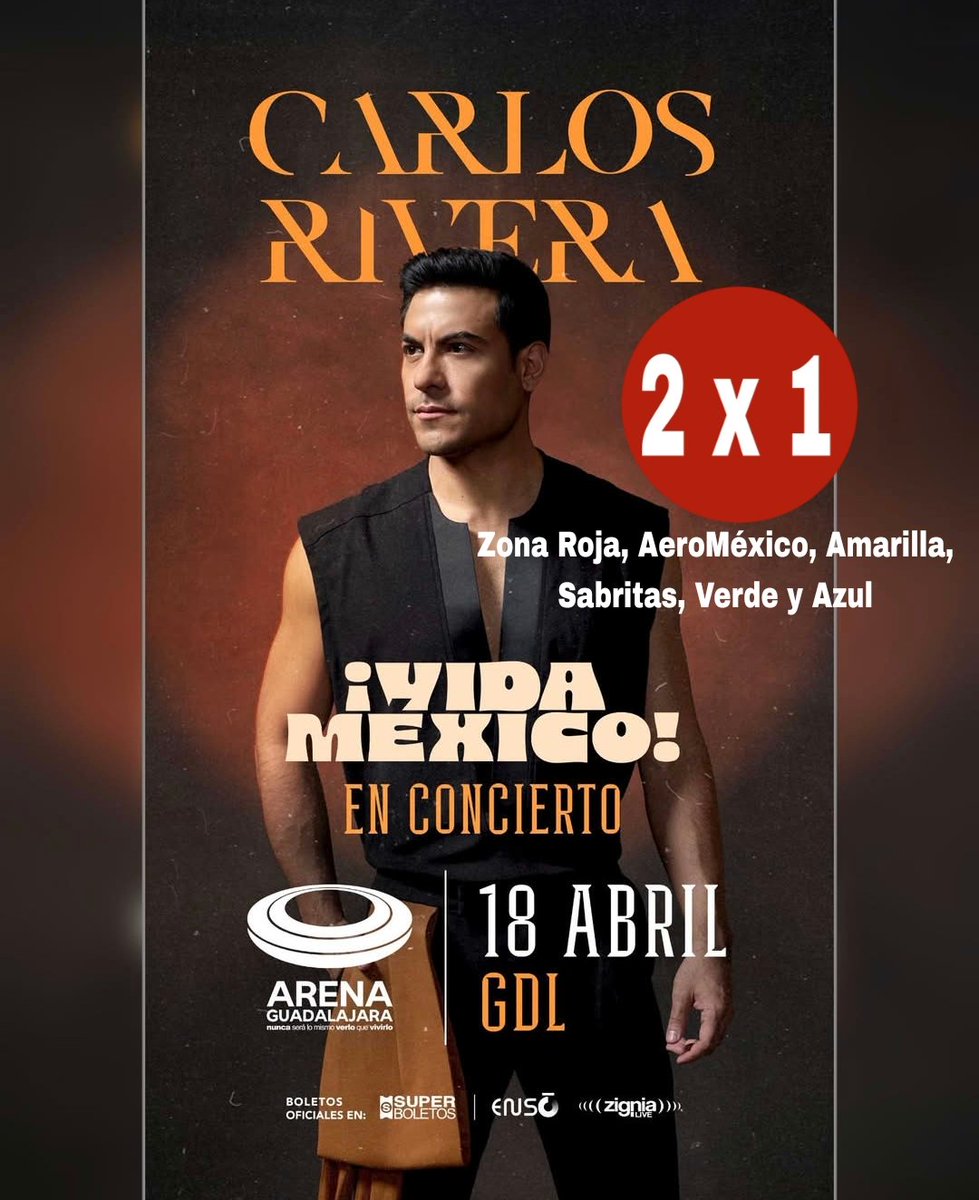 #Riveristas!
El concierto de la <a href="/ArenaGdlMx/">Arena Guadalajara</a>  es este sábado!
Aprovechen qué hay algunas localidades al 2x1!!
Demosle a <a href="/_CarlosRivera/">Carlos Rivera</a> una Arena GDL totalmente llena..

<a href="/sonymusicmexico/">Sony Music México</a> <a href="/westwoodfans/">Westwood Ent. Fans</a> <a href="/mikenoriega/">Mike Noriega</a> <a href="/riveristashq/">Official Riveristas</a>

#CarlosRivera #vidaméxicotour #ArenaGuadalajara