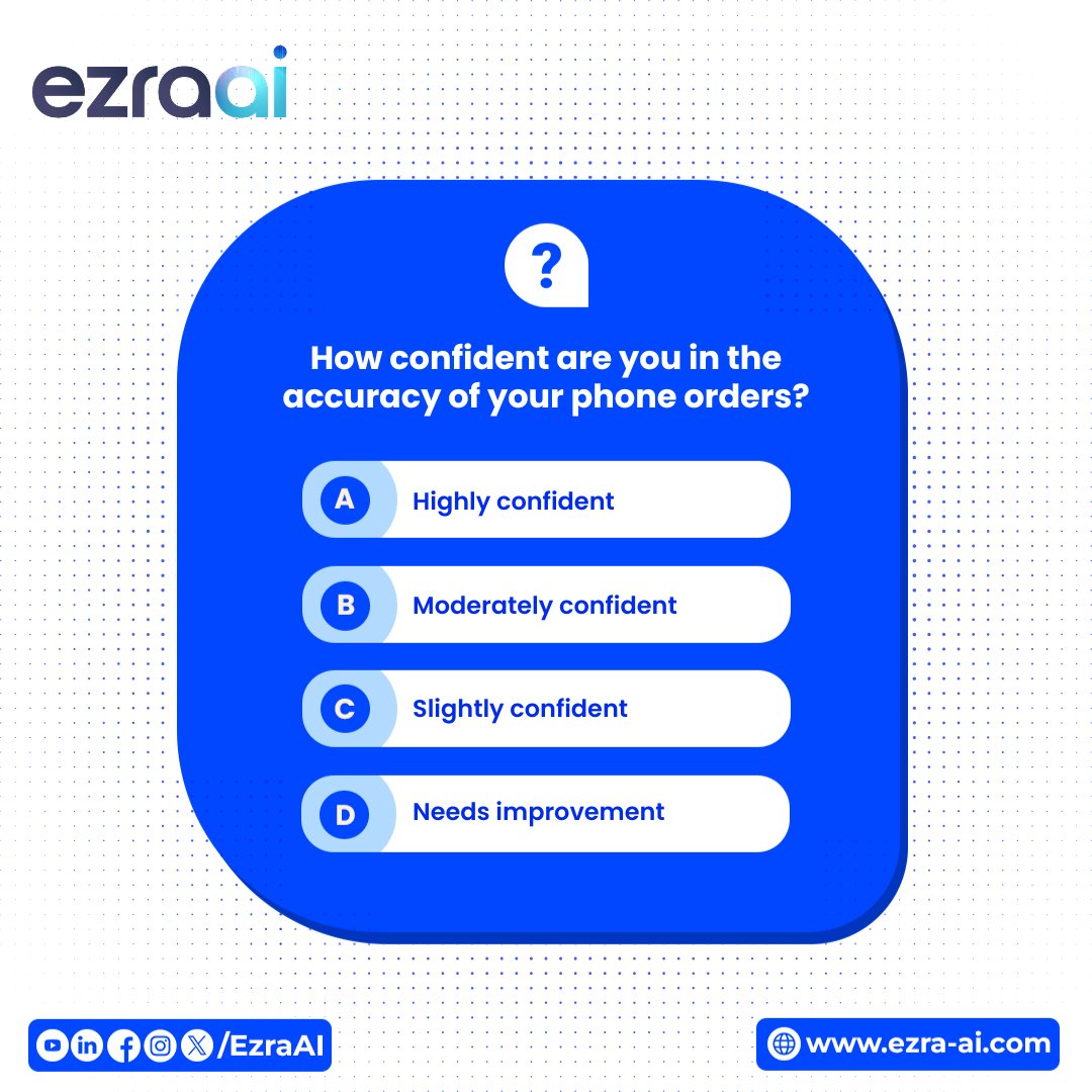ezra__ai's tweet image. How reliable is your call-in flow, really? 📞🔍 Let’s find out

🗳️ We want to hear from you! Join the conversation. Learn more about us at 👉 ezra-ai.com.

#OrderAccuracy #EzraPoll #VoiceAI #QSR #RestaurantAI