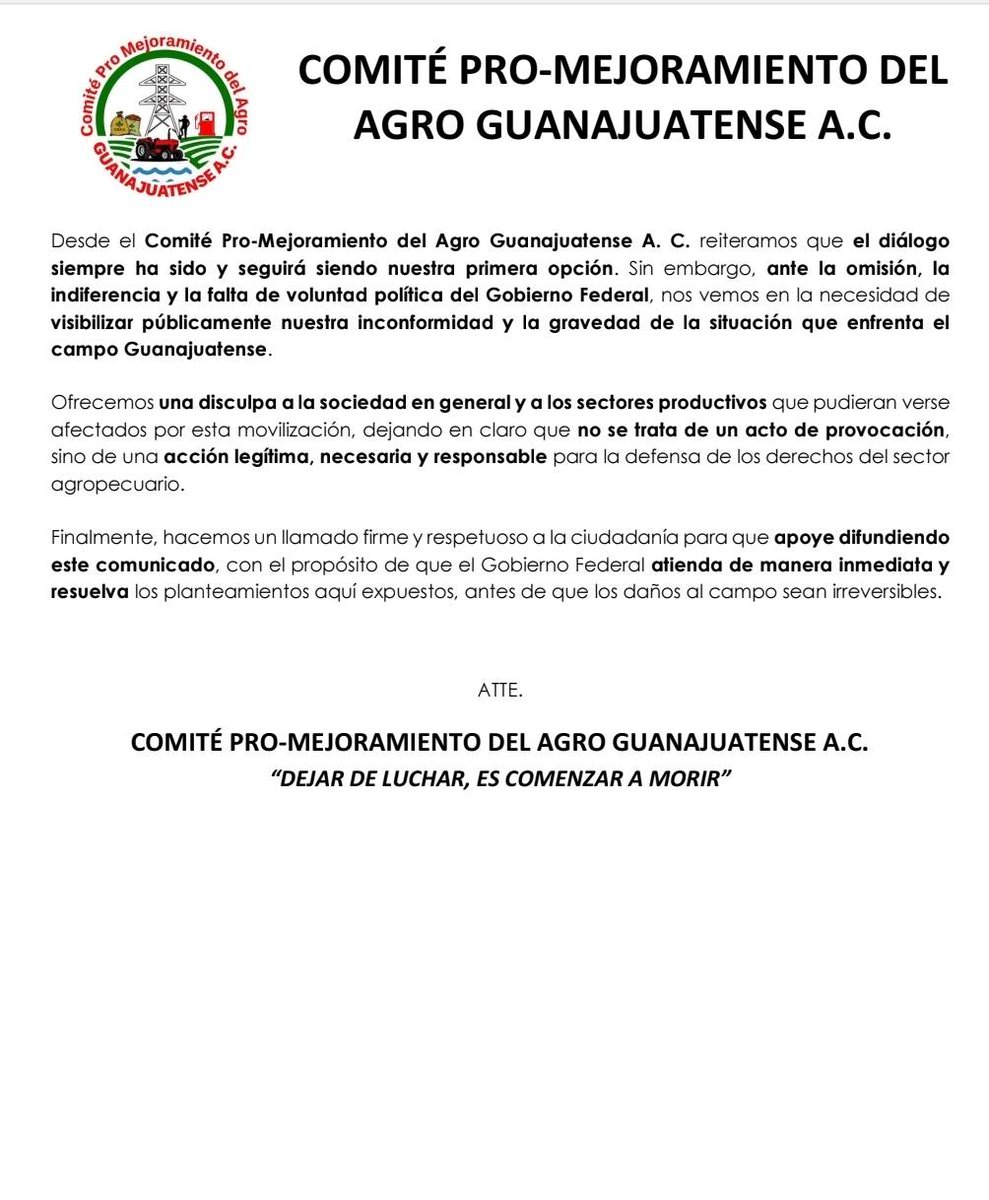 Productores de Gto denuncian la falta de respuestas concretas del Gobierno Federal 

Ante la urgencia por la cuota energética, pagos pendientes y apoyos al campo, anuncian movilizaciones pacíficas este 20 de abril en puntos estratégicos.
Exigen soluciones inmediatas para evitar