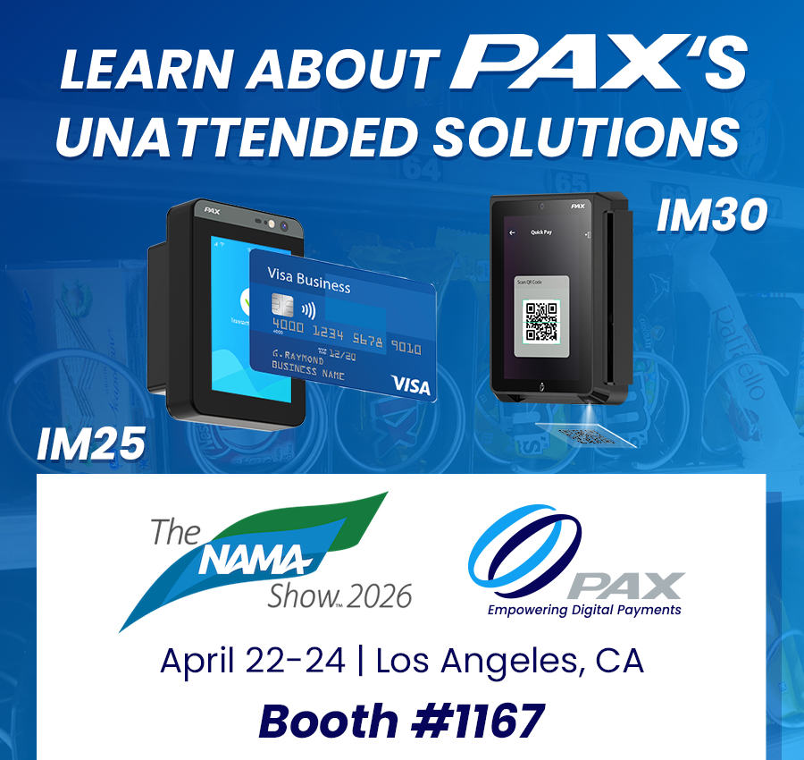 paxtechnology's tweet photo. We’re heading to @NAMAvending  2026. If you’re building or scaling unattended retail environment, from vending &amp; micro markets to kiosks, visit the PAX team at Booth #1167. We’re showcasing #payment solutions designed for the speed, scale &amp; reliability these environments demand. https://t.co/ECvGc7gyyX