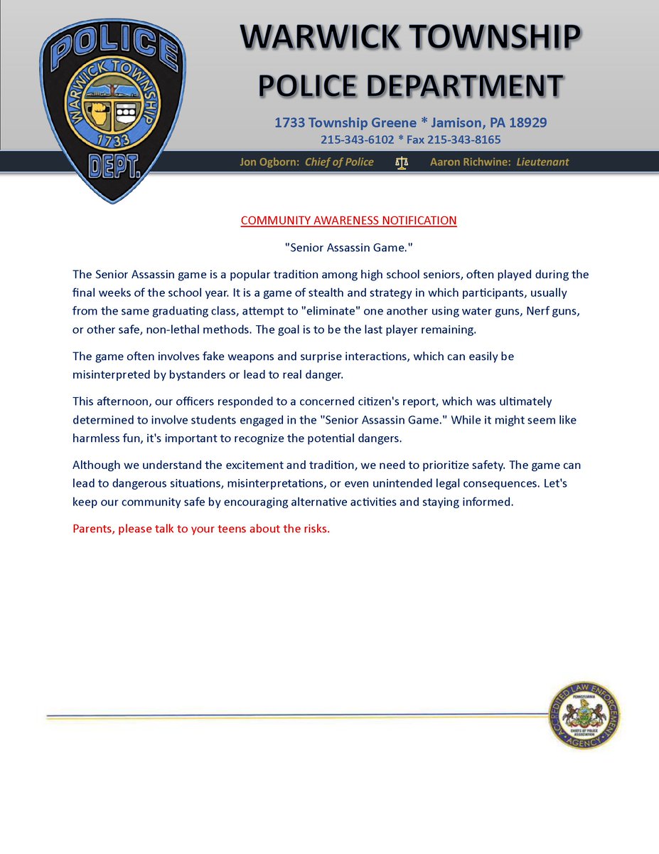 Concerning Behavior: "Senior Assassin Game"