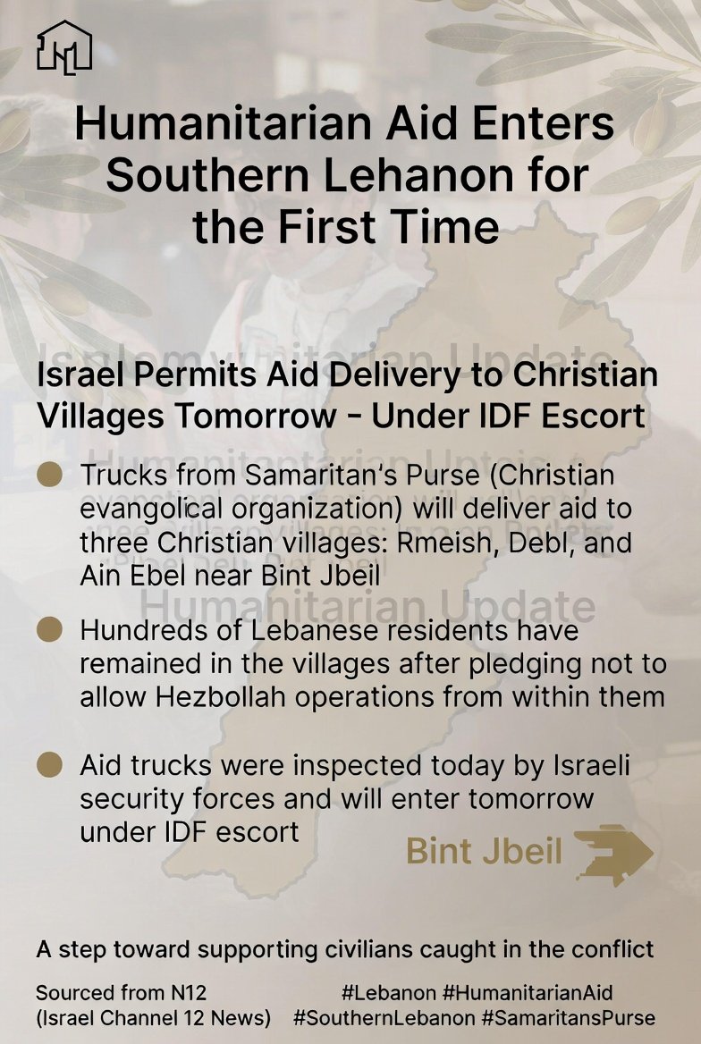 ChaficNawfal's tweet image. Humanitarian aid is set to enter southern Lebanon for the first time tomorrow. 
Sourced from N12 (Channel 12 News).

A small but significant step for civilians in a difficult region. Thoughts?
#Lebanon #Aid #Humanitarian