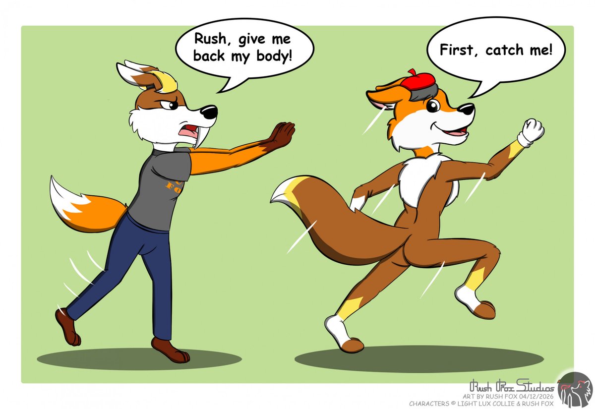 RushKazFox's tweet photo. Rush decided to surprise Lux and... swapped his body with him. However, Lux didn't like it and chased after Rush...

It's a birthday present for @lightluxcollie 

#furry #furryart #cartoonart #lightluxcollie #birthday #collie #dog #fox #bodyswap #transformation #rushfoxstudios https://t.co/mYHRaLAEBh