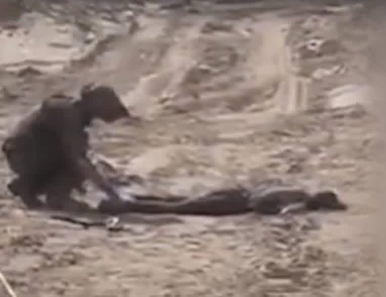 جندي صهيوني مجرم ارهابي يوثق شابًا فلسطينيًا ثم يدهسونه بجرافة.