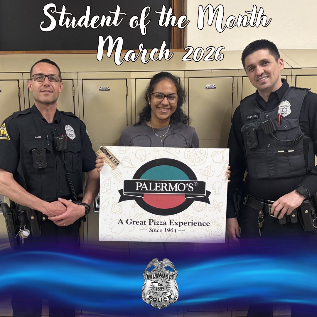 MilwaukeePolice's tweet image. #MKEPD #MPDSRO #Congratulations 🙂🚔

School Resource Officers Hayes and Pupovac with Janelie, Riverside's Student of the Month - March 2026. Janelie was awarded a gift of pizza 🍕, from community partners, Palermo's Pizza. Thank you Janelie for your hard work and dedication.