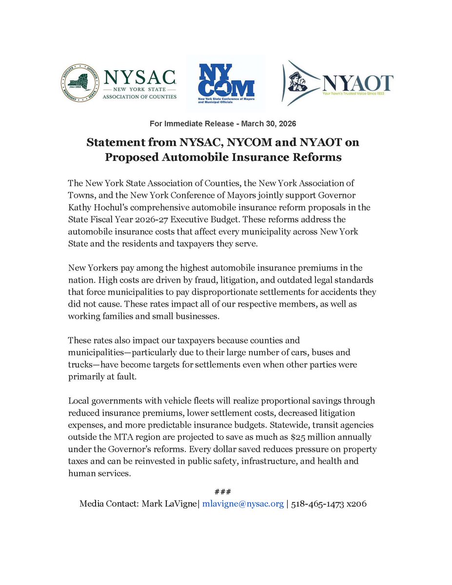 NYMayors's tweet photo. High auto insurance costs hurt every New Yorker. The Governor's proposals will reduce fraud, curb excessive litigation and ease the burden on local governments and taxpayers statewide. We urge the Legislature to include these reforms in the final adopted budget. @GovKathyHochul https://t.co/kg67EG4xv7