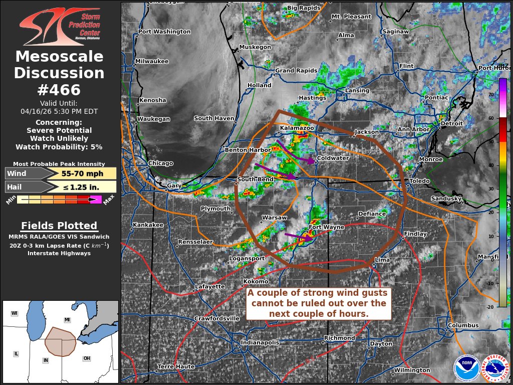 NWSSPC's tweet image. 3:35pm CDT #SPC_MD 0466 , #ohwx #miwx #inwx, spc.noaa.gov/products/md/md…