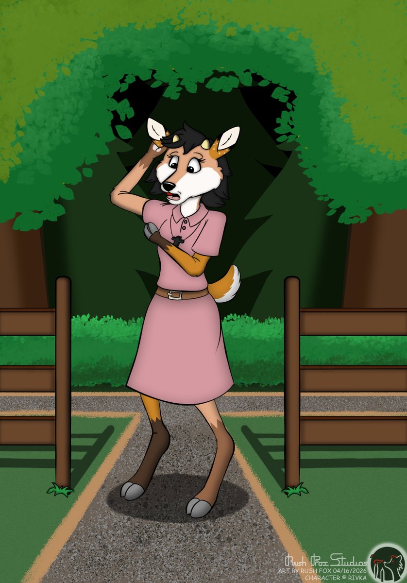 RushKazFox's tweet photo. Rivka found herself in a deer forest. Suddenly, she began to transform into a doe as soon as she approached the fence...

This is a picture as part of art trade for @rivka_huehhh  

#furry #furryart #rivka #fox #doe #deer #transformation #forest #arttrade #rushfoxstudios https://t.co/f42fKUsrSu