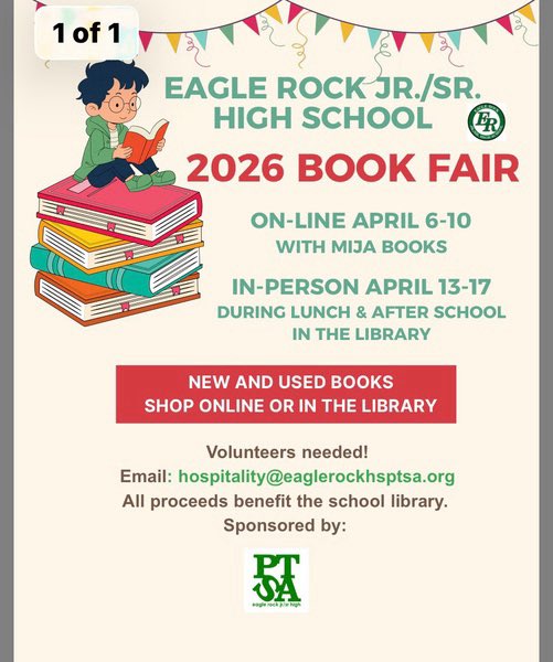 ERHighSchool's tweet photo. Don’t forget our book 📕 📖📚 fair! Come out before school, lunch and after school! Ends Friday! https://t.co/sk1JgcOz38