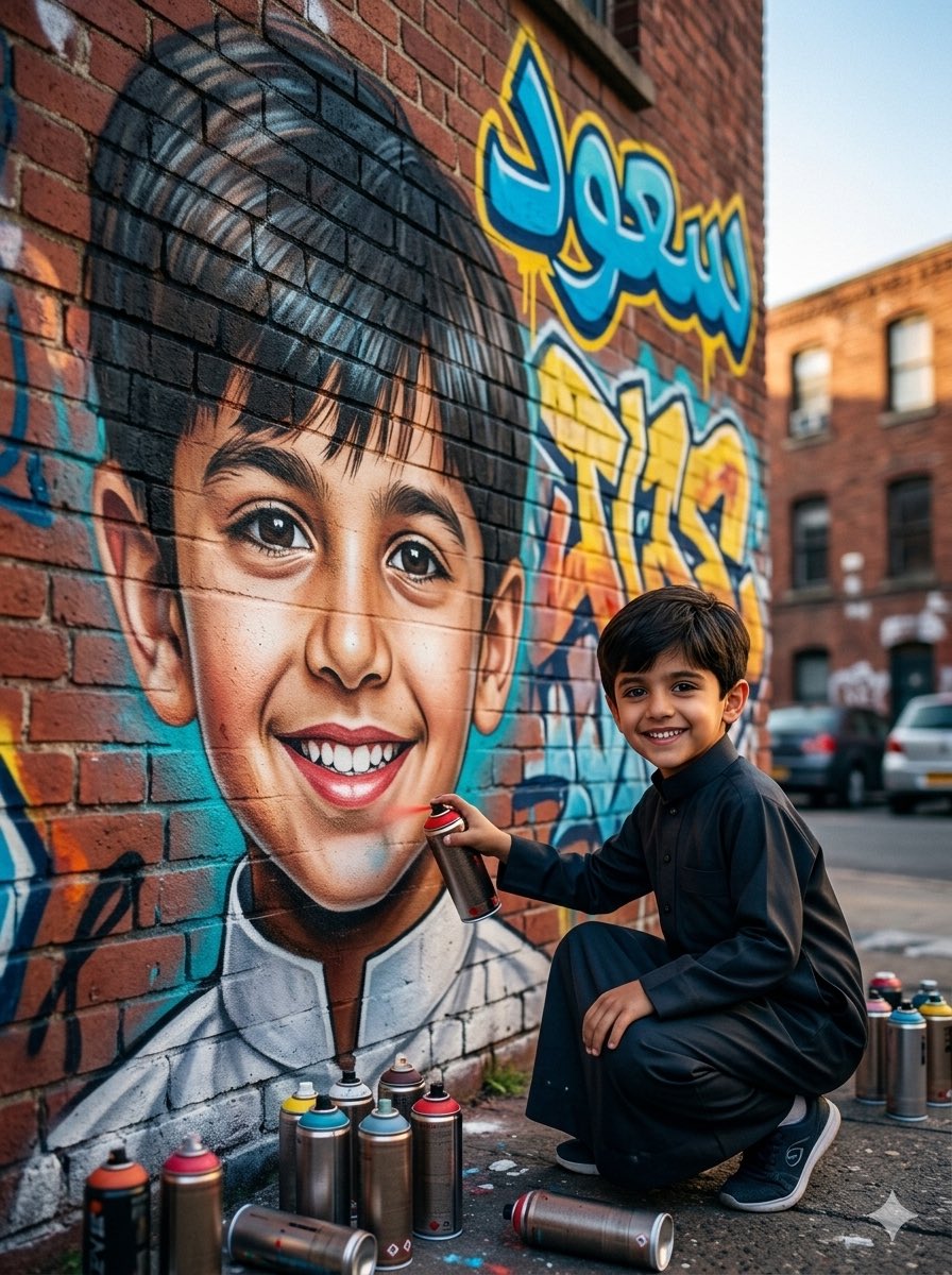 SULTAN__22__'s tweet image. 🔴 #برومبت 🔴 الرسم على الجدران 

ارفق الصورة
واكتب الاسم 
وشاركنا في نتيجة #البرومبت 
#prompt 

"
Create a hyper-realistic cinematic scene of the person in the attached image painting a large graffiti mural of herself on a textured brick wall using spray paint.

The mural must