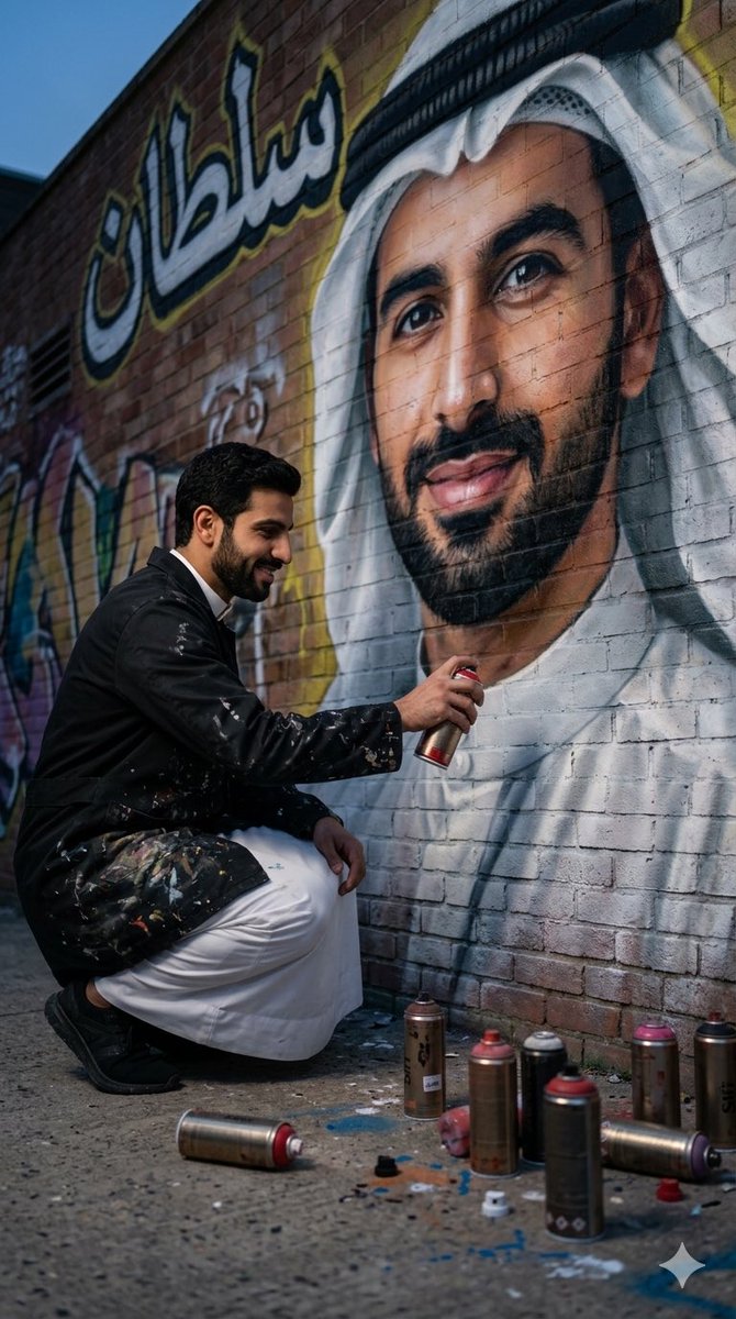 SULTAN__22__'s tweet image. 🔴 #برومبت 🔴 الرسم على الجدران 

ارفق الصورة
واكتب الاسم 
وشاركنا في نتيجة #البرومبت 
#prompt 

"
Create a hyper-realistic cinematic scene of the person in the attached image painting a large graffiti mural of herself on a textured brick wall using spray paint.

The mural must