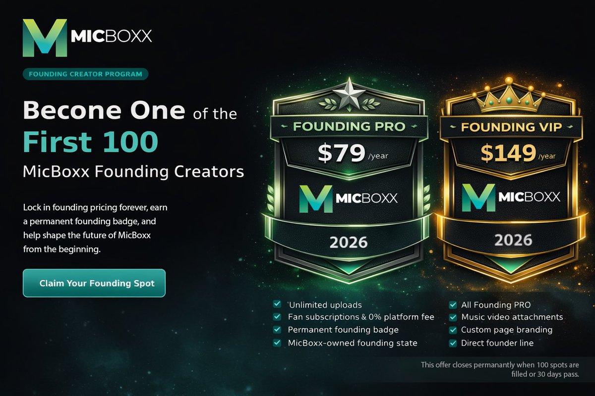 DarrellHQ's tweet photo. Opening MicBoxx Founding Creator Program. First 100 artists shape the platform + lock pricing forever. https://t.co/pykzOSqrja https://t.co/ypLRLqZSqe