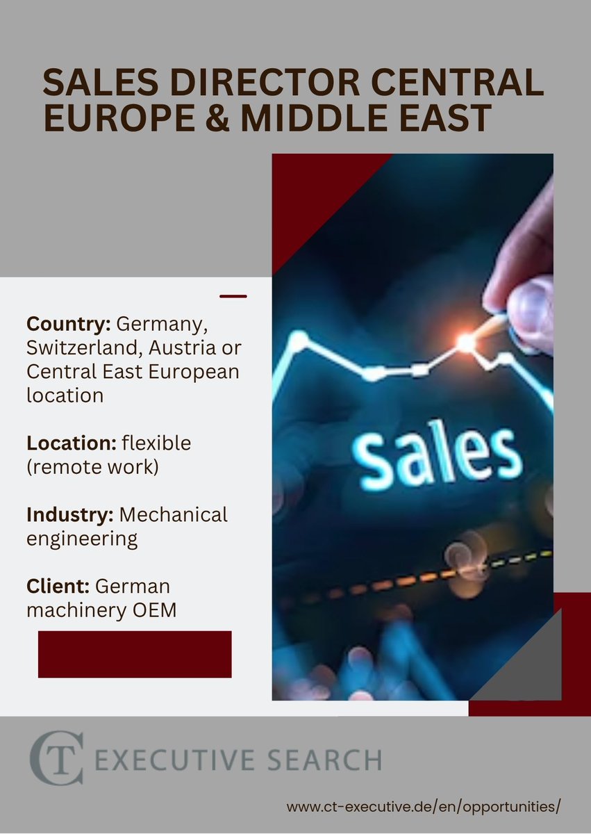 CT_Executive's tweet image. New Executive Opportunity | Sales Director Central Europe &amp;amp; Middle East
We're looking for a dynamic Sales Director to lead commercial growth across Central Europe &amp;amp; the Middle East for a renowned German mid-sized engineering company. ct-executive.de/en/opportuniti… #HR #executivesearch