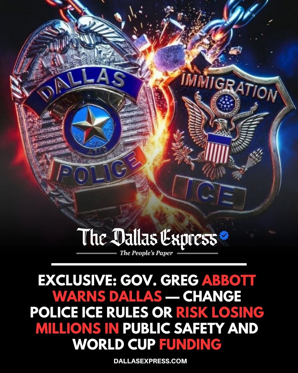 TEXAS WARNS DALLAS IT COULD LOSE $32.1 MILLION IN PUBLIC SAFETY GRANTS — AND RISK $55.1 MILLION IN FIFA WORLD CUP FUNDING

Read More: dallasexpress.com/city/exclusive…

The state says <a href="/DallasPD/">Dallas Police Dept</a> policies limiting cooperation with <a href="/ICEgov/">U.S. Immigration and Customs Enforcement</a> violate a signed agreement required for the grants.