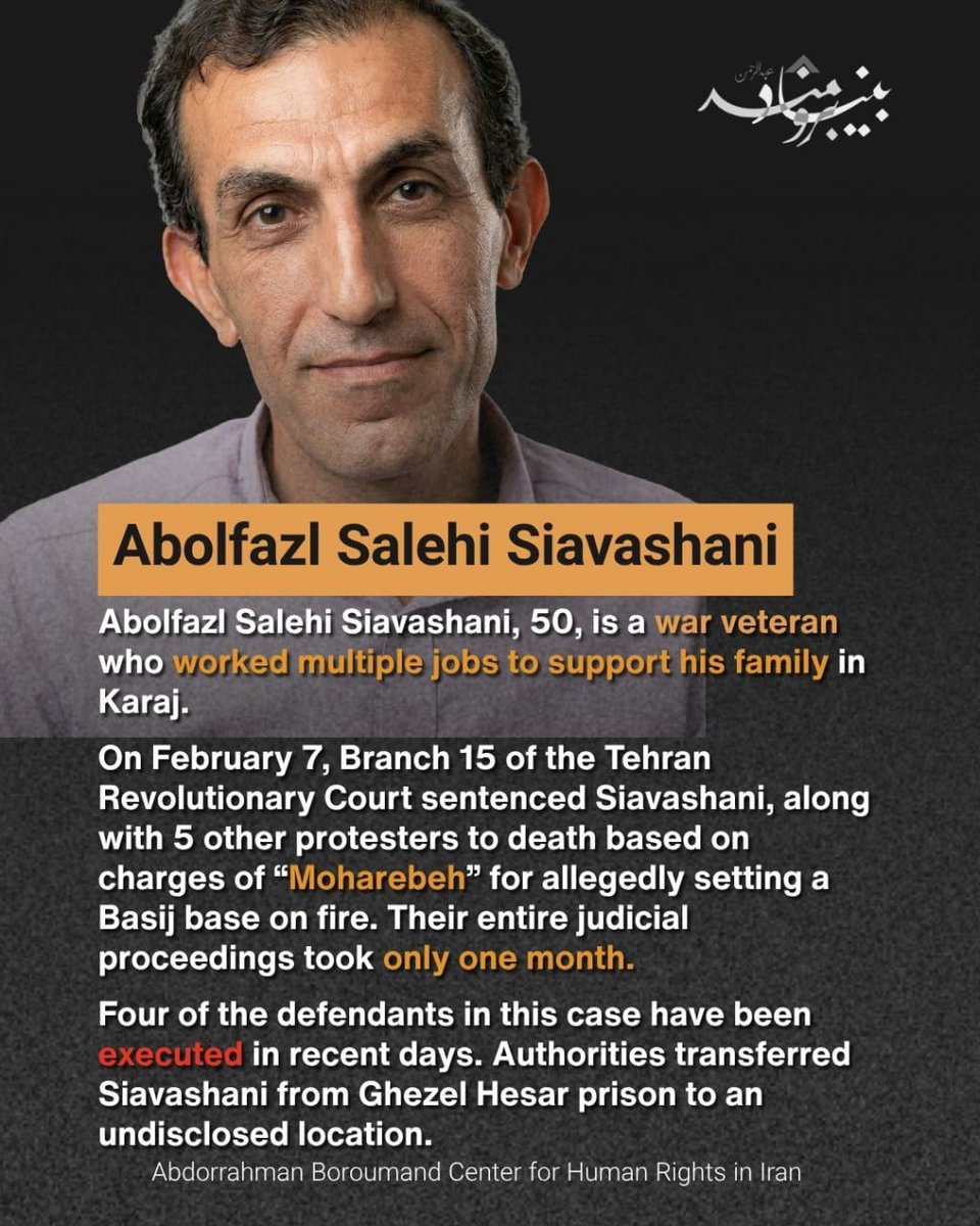 Dit is Abolfazl Salehi Siavashani, vijftig jaar oud, uit Karaj. Hij is de enige kostwinner van zijn gezin, vader van een achttienjarige zoon. Elke dag reed hij rond op zijn motor om pakketjes te bezorgen, zodat zijn familie te eten had.

In januari liep hij mee in de protesten.