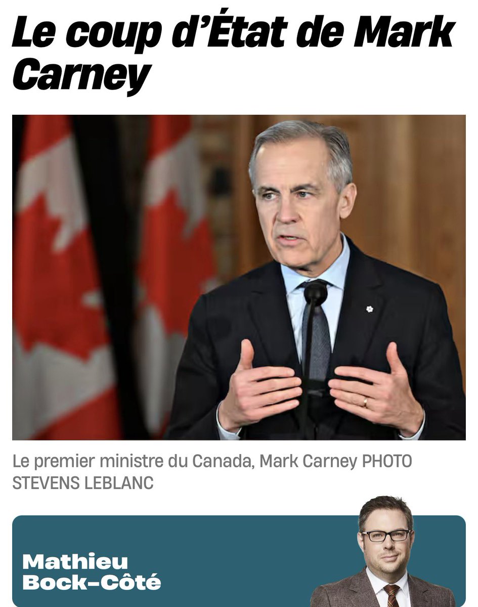 Dring…. ☎️ Dring … ☎️

👉🏼Mathieu Bock Coté nous présente le vrai Mark Carney! 

👉🏼Une excellente article à lire mais surtout à faire lire aux adorateurs des Libéraux, les Elbow’s Up! 🤡

🔴Nous, le peuple devons absolument agir au plus vite car maintenant qu’il à obtenu la