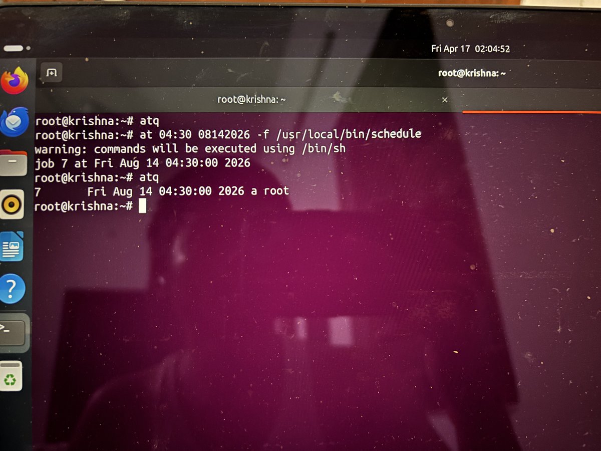 Shri_Krishna_Y's tweet photo. Just scheduled a Bash job to run on 14th August  2026 at 04:30🎯
Letting Linux handle a little birthday surprise for my future self — automation never forgets 🎂
#Linux #Bash #Automation #DevOps #Scripting
@Njuchi_ https://t.co/CmMVjZ1FDc
