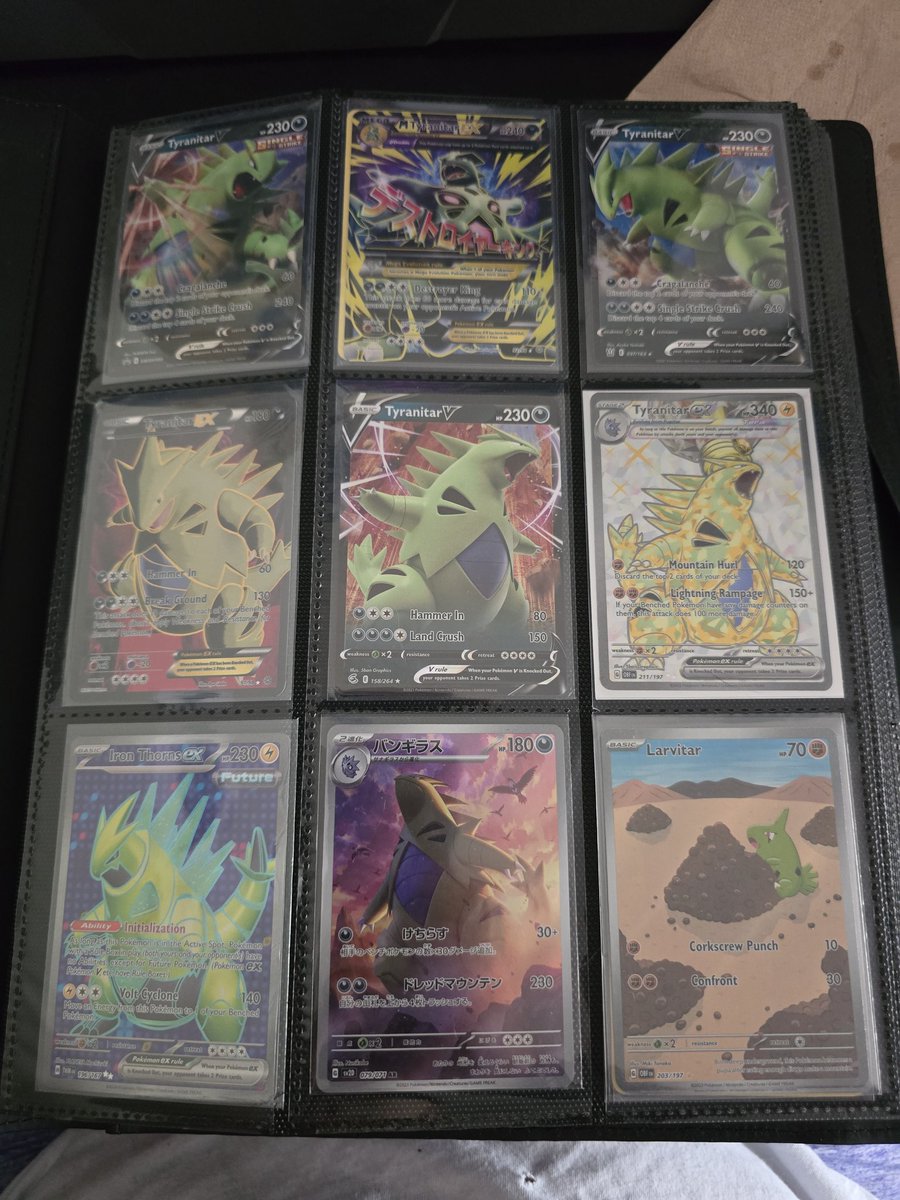 FrostiiFox's tweet photo. Tyranitar is my favorite Pokémon and I have 10 Tyranitar cards so far. Honorable mention to Salamence.

Thinking about sending the first 2 pictured cards in for grading because they're actually worth something.  
Any tips for first timers?

#Tyranitar #TCG #Pokémon #TradingCards https://t.co/aALj5rX6z9